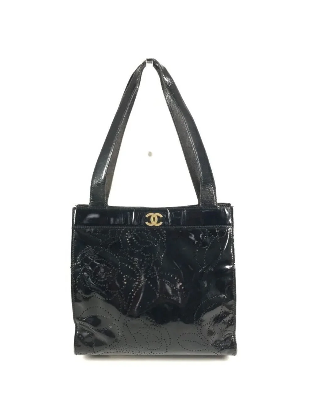 Chanel Shoulder Bag Perforated Logo Camellia Flower Patent Leather Black